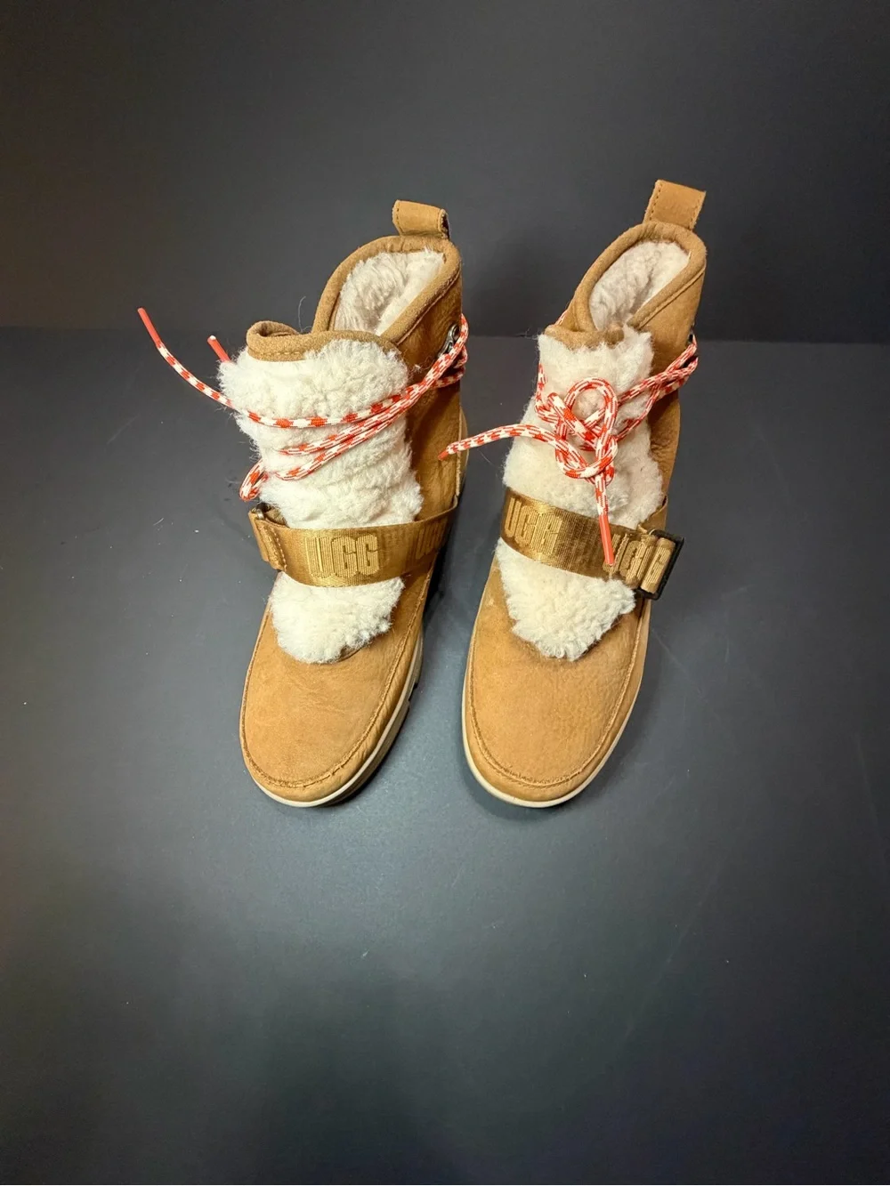 UGG Classic Weather Hiker  Suede Shearling Strap Boots Chestnut Color